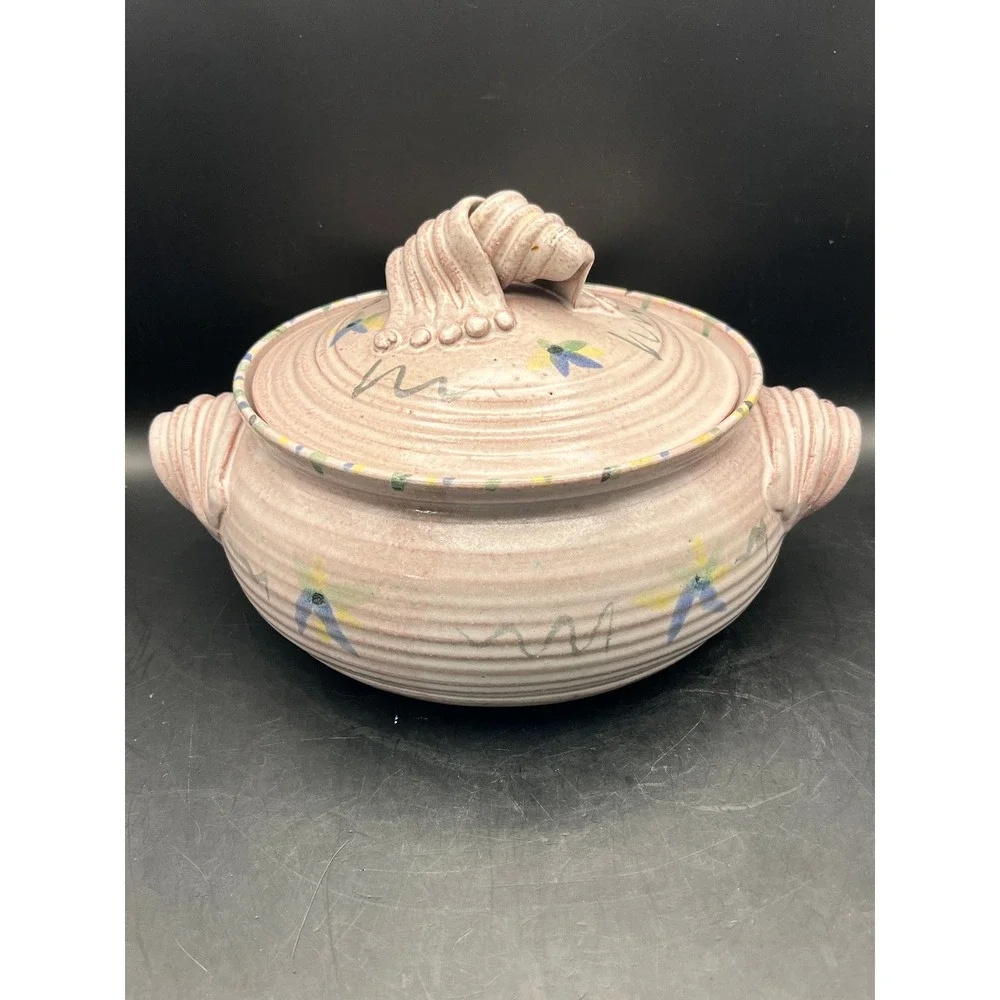 Vtg. Clay Pottery Studio Art Casserole Dish w/ Lid Hand Painted 11x9x6